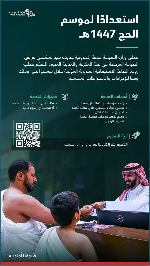 وزارة السياحة السعودية تطلق خدمة طلب زيادة الطاقة الاستيعابية لمرافق الضيافة في مكة والمدينة لموسم الحج القادم