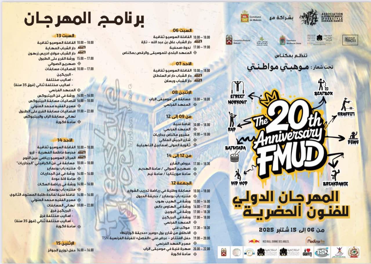 مكناس.. المهرجان الدولي الـ 20 للفنون الحضرية من 6 إلى 15 شتنبر المقبل